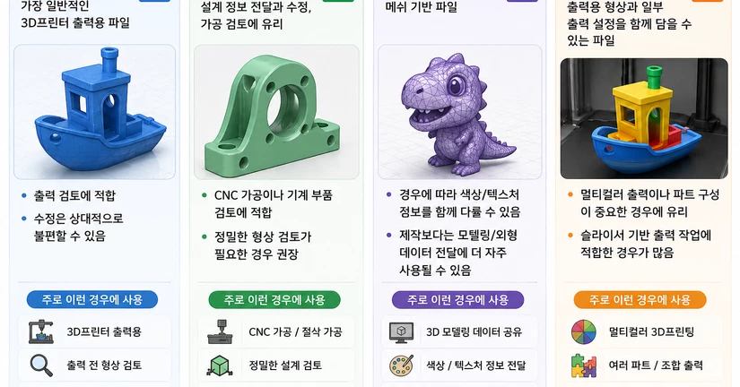 STL / STEP / OBJ / 3MF 파일은 어떤 차이가 있나요?