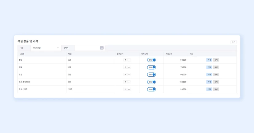 객실 상품 및 가격