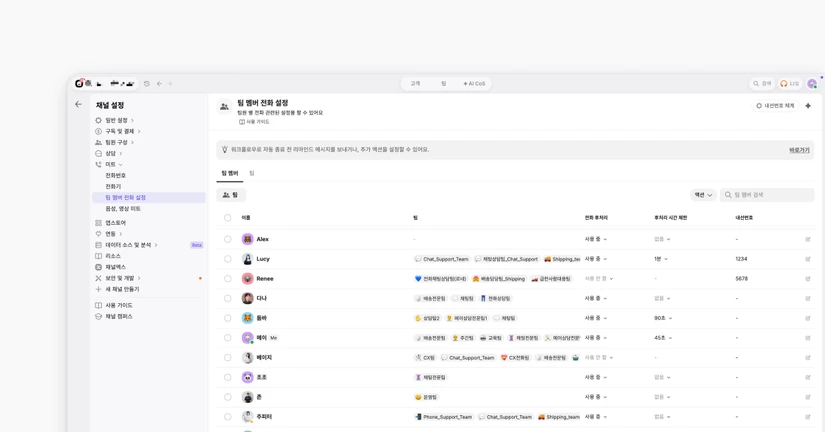 팀 멤버 전화 설정 