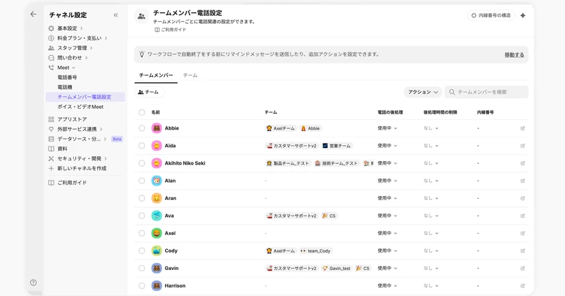 チームメンバー電話設定